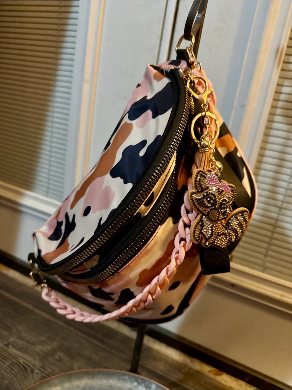 Pink Camo Crossbody BumBag with Raccoon Charm